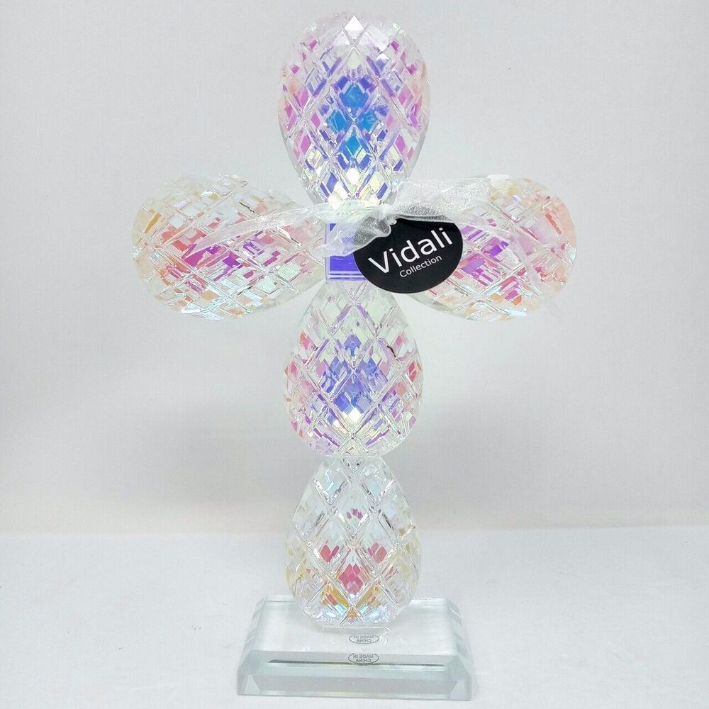 NWT Vidali Iridescent 8.75" Tall Crystal Cross Paperweight Wedding Baptism Decor